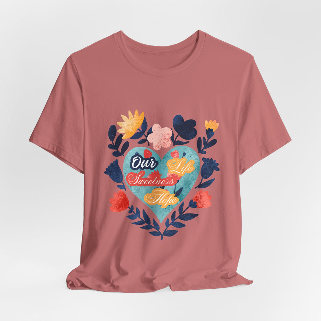 Our Life Sweetness Hope Floral Virgin Mary Tee