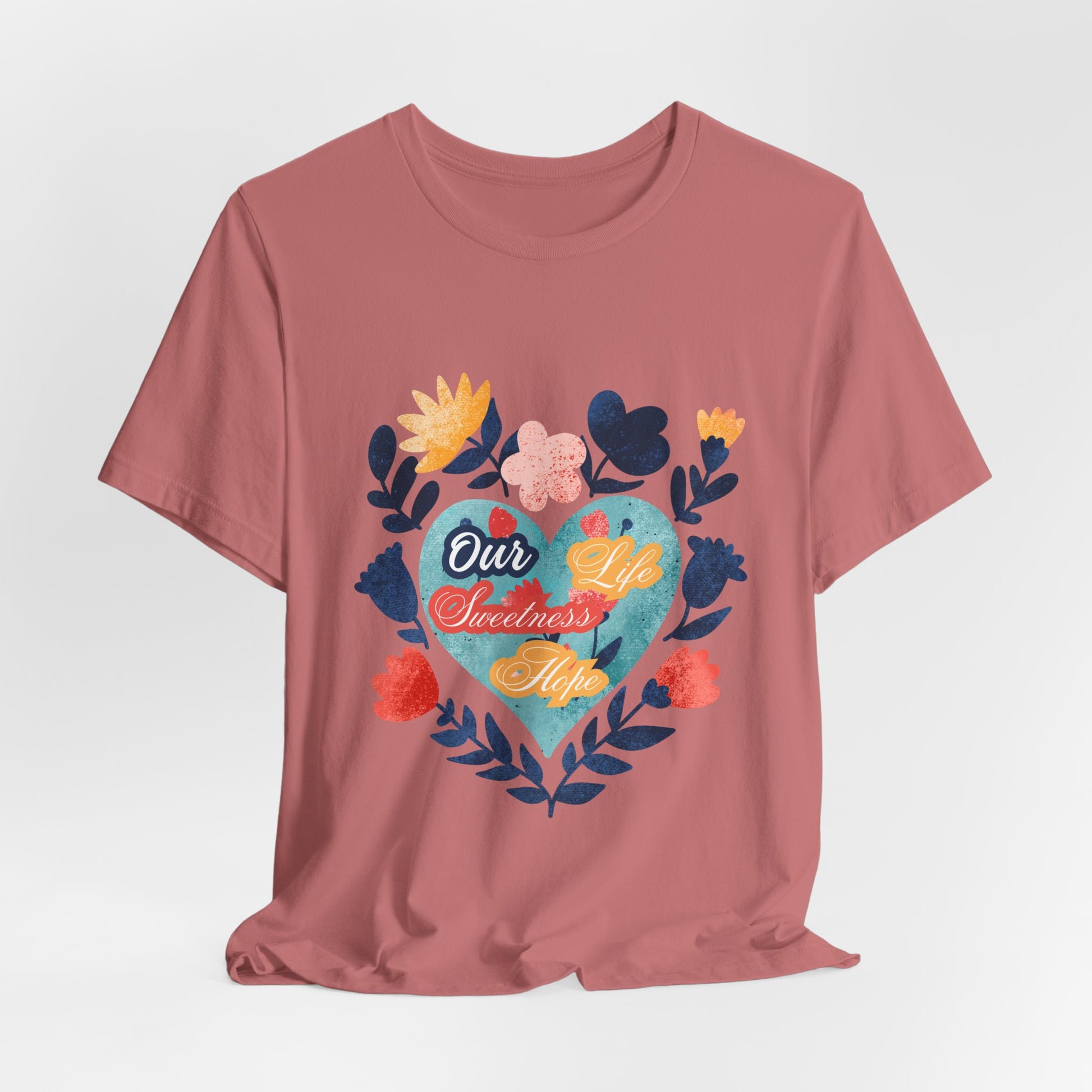 Our Life Sweetness Hope Floral Virgin Mary Tee