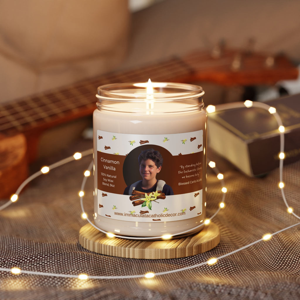Blessed Carlo Acutis Scented Soy Candle, Cinnamon Vanilla 9oz