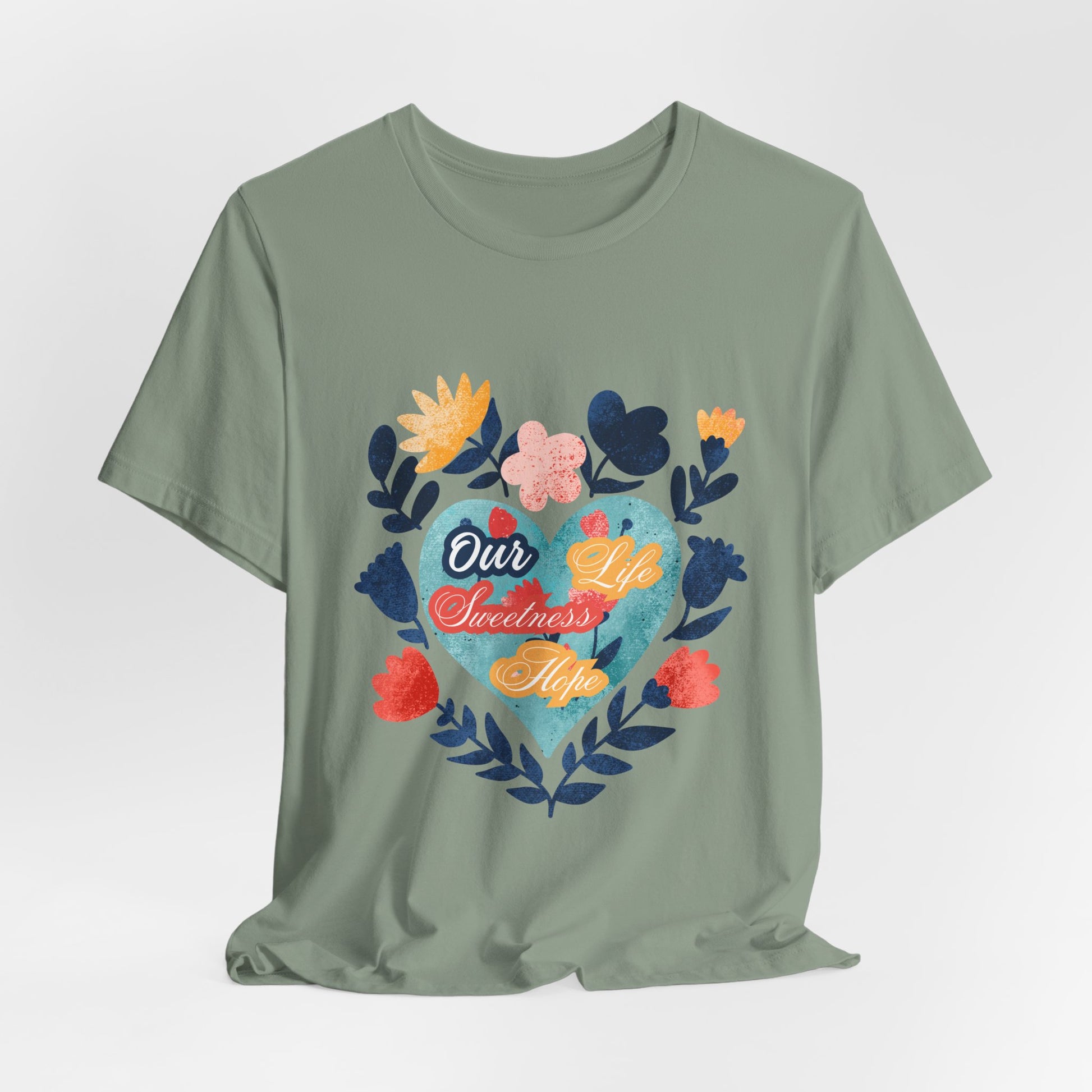 Our Life Sweetness Hope Floral Virgin Mary Tee