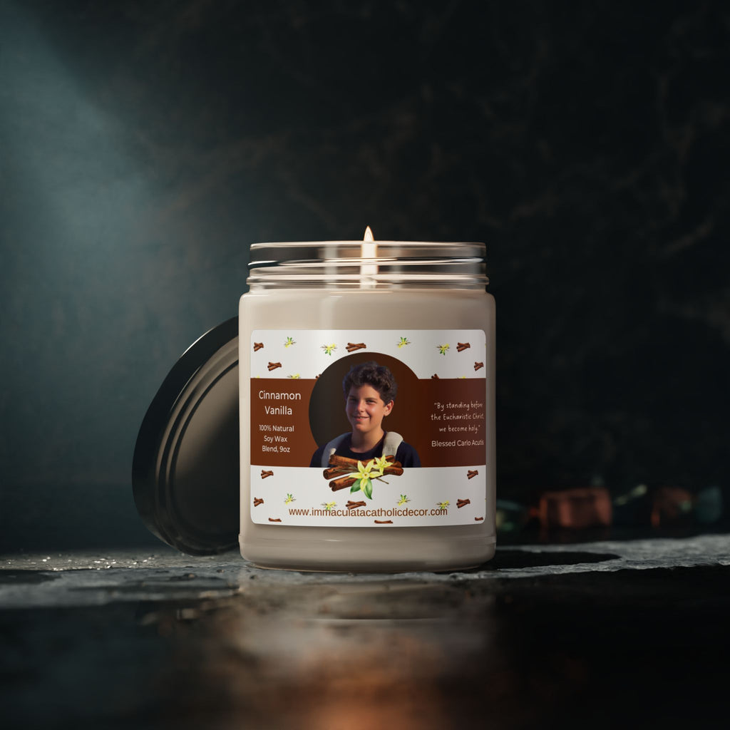 Blessed Carlo Acutis Scented Soy Candle, Cinnamon Vanilla 9oz
