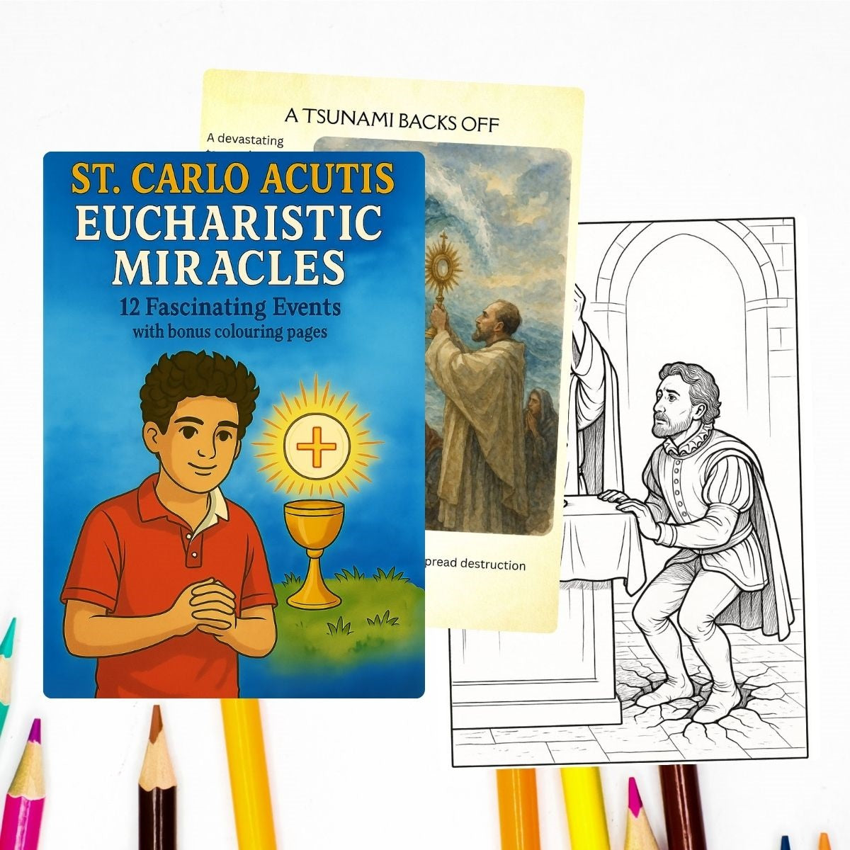 Carlo Acutis Eucharistic Miracles Book – 12 Fascinating Events for Kids with Bonus Coloring Pages